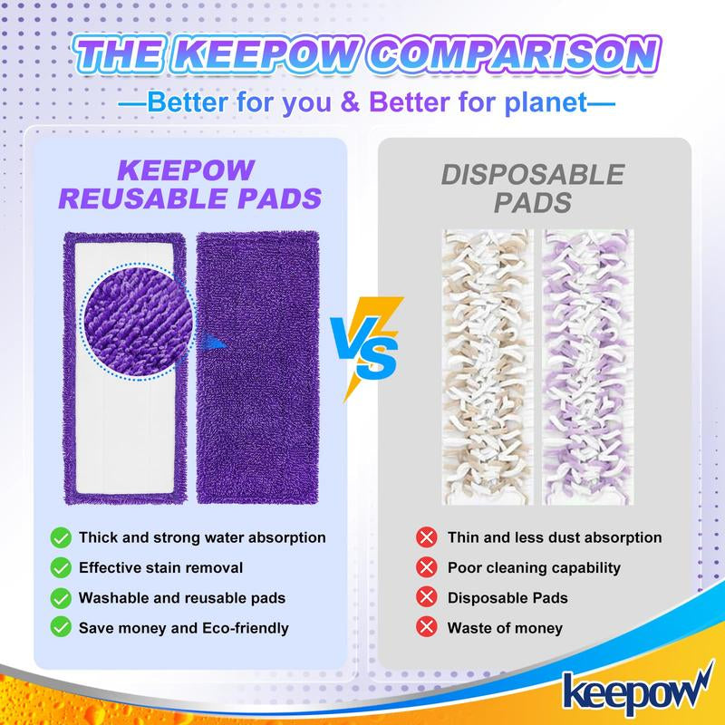 KEEPOW Reusable Absorbent Power Mop Refill Pads Compatible with Swiffer Microfiber Mop Pads, 6 Pack