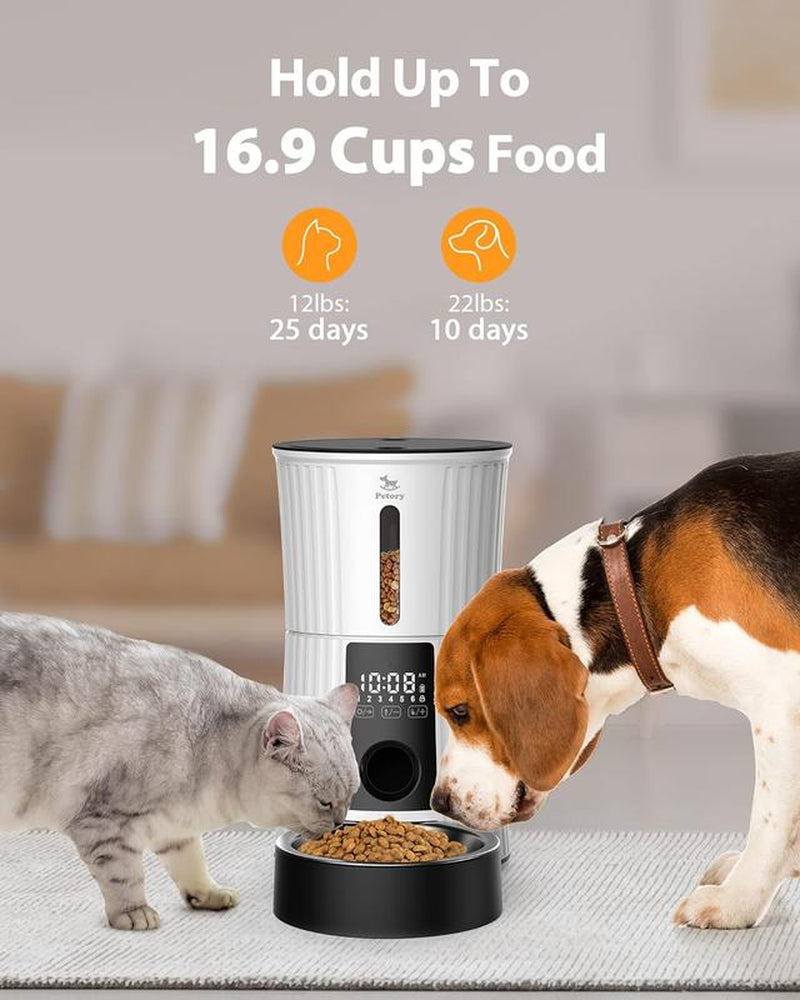 Petory Timed - 4L Programable Dry Food Dispenser for and Small Medium Dogs 6 Meals with Desiccant Bag Dual Power Supply 10S Voice Recorder